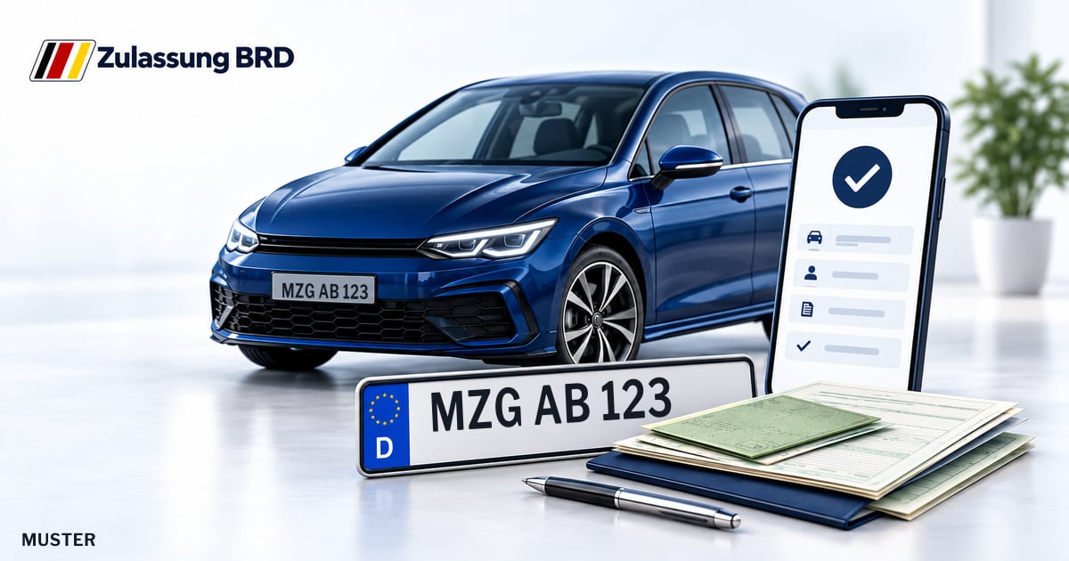 Online Fahrzeugzulassung in Mettlach: Musterkennzeichen MZG AB 123, Auto und Fahrzeugpapiere und Smartphone. Illustration mit Logo von Zulassung BRD.
